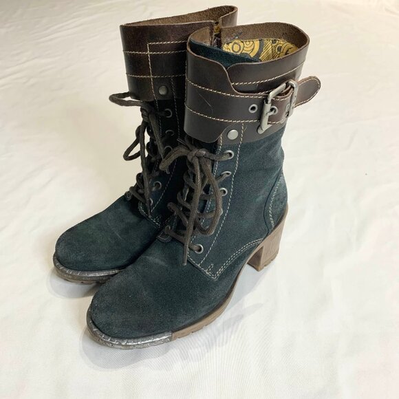 Fly London Sz 6.5 Yip Black Suede Leather Buckle Lace Up Block Heel Ankle Boots - Picture 2 of 15